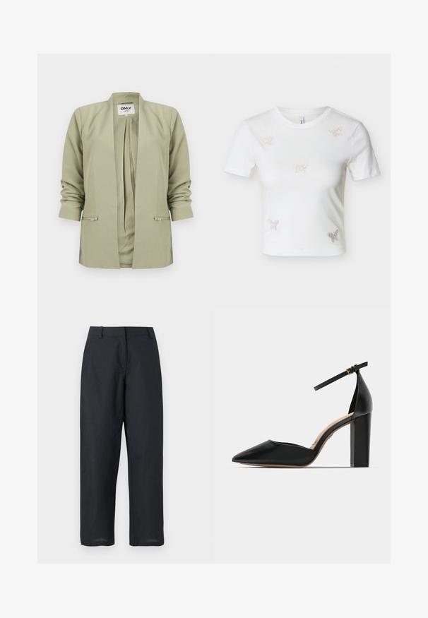 Lys olivengrøn blazer med åben front, rynkede lange ærmer og to lynlåslommer foran, vist mod en hvid baggrund.; Hvid kortærmet cropped t-shirt med fem små rhinsten sommerfugledekorationer på fronten.; Sorte bukser med lige ben, bæltestropper, lynlås foran og sidelommer, vist på hvid baggrund.; Sorte læder højhælede sko med ankelrem, spids tå og firkantet chunky hæl. Glat tekstur med et minimalistisk design.