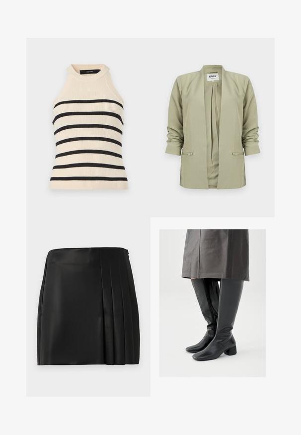 Lys olivengrøn blazer med åben front, rynkede lange ærmer og to lynlåslommer foran, vist mod en hvid baggrund.; Ærmeløs top med ribstrik i creme med sorte horisontale striber. Design med høj hals. Blød tekstur, kropsnær silhuet og minimalistisk æstetik.; Sort faux læder mini nederdel med en glat front og plisseret detalje på højre side, med en lynlåslukning bagpå.; Knæhøje sorte læderstøvler med firkantet tå, skråt stillet blokhæl og en sidesyning; glat tekstur og tætsiddende design.