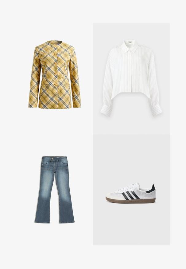 Blazer à carreaux jaune, blanc et noir, avec un design sans col, fermeture à boutons sur le devant et deux poches avant. Tissu texturé.; Chemise blanche courte avec de fines rayures verticales grises, manches longues bouffantes, poignets boutonnés et col classique.; Jean en denim bleu avec une légère évasement au niveau des jambes, fermeture à boutons devant avec deux boutons, et poches plaquées à l'avant.; Baskets en mesh blanc avec des rayures noires, un embout en daim beige et un accent sur le talon, semelle en caoutchouc texturée, et lacets blancs. Design classique à tige basse.