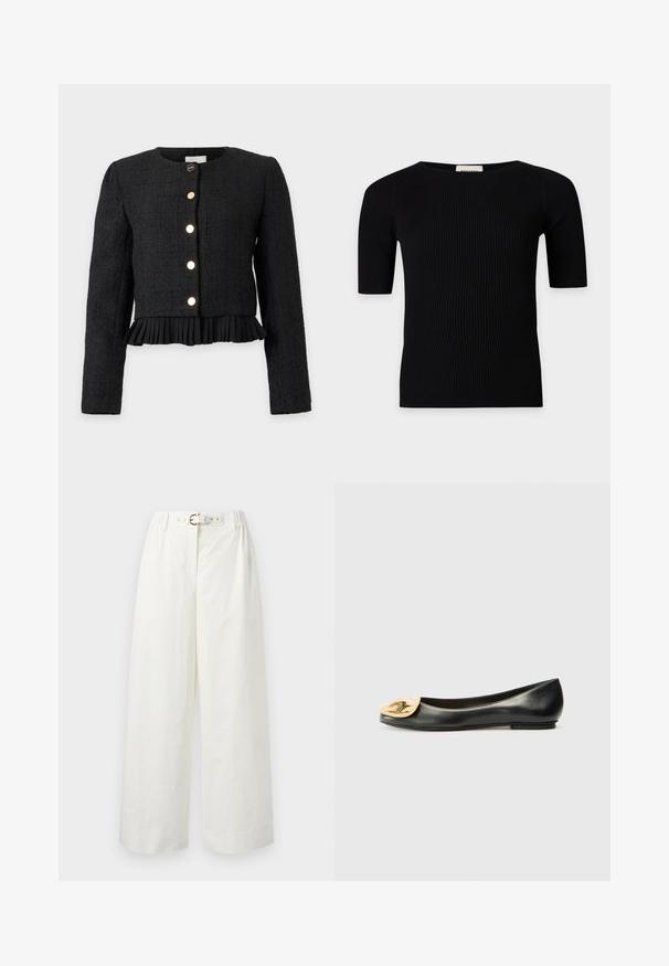 Veste courte noire texturée avec manches longues, encolure ronde, boutons dorés sur le devant et bord plissé à l'ourlet.; Top en maille côtelée noire à manches courtes avec un col rond et une coupe ajustée, présenté sur un fond gris clair.; Pantalon blanc à jambes larges avec une taille haute, doté d'une ceinture assortie avec une boucle dorée et des passants de ceinture.; Ballerines en cuir noir avec un bout rond, présentant un accent en forme de coquillage doré métallique à l'avant. Texture lisse, talon bas.