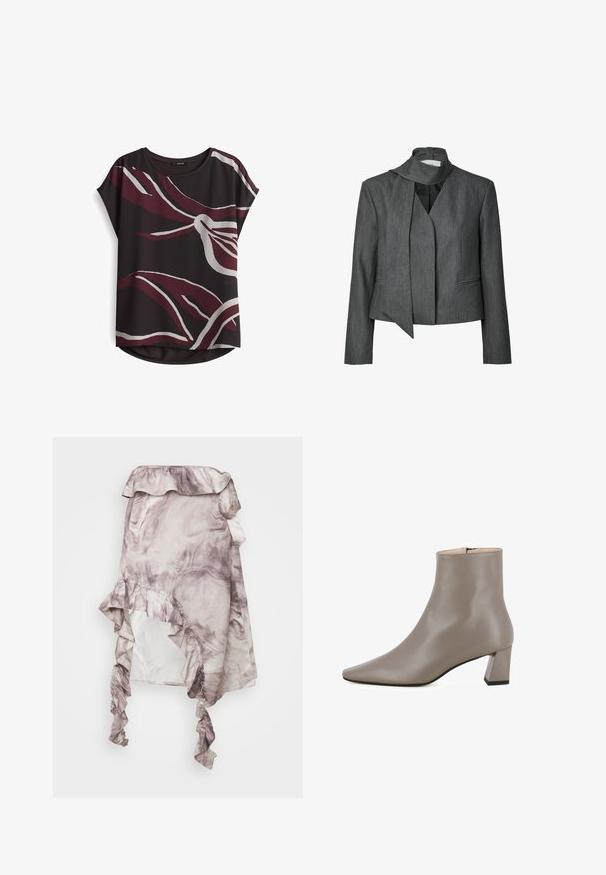 Donkergrijze damesblazer met lange mouwen en een aangehechte sjaalachtige kraag, cropped lengte en twee voorzakken met openingen.; Korte mouwen top in donkere stof met bordeauxrode en crèmekleurige bloemenpatroon. Ronde halslijn en gebogen zoomdetail. Gewone textuur.; ROKH MIDI SKIRT RUFFLES - A-lijn rok - purple; Grijze leren enkelboot met een puntige neus en een blokhak. Glad oppervlak en ritssluiting aan de achterkant. Minimalistisch ontwerp.