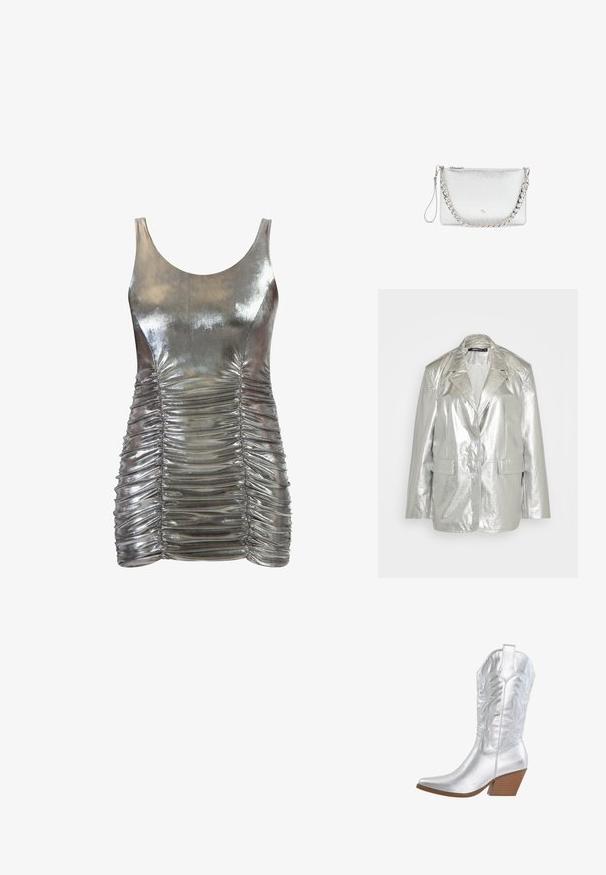 Gina Tricot OVERSIZED - Blazer - silver; Metalen zilveren mouwloze jurk met geplooide details aan de voor- en achterkant, een gladde textuur en een aansluitende, bodycon silhoeet.; Zilveren cowboylaars met puntige neus, gegraveerd bloemmotief en een gestapelde houten hak. Gladde metallic afwerking en hoge schacht.; Zilverkleurige clutch met een gestructureerd oppervlak, polsbandje en dikke kettinghandgreep, ritssluiting en een klein, geperst logo aan de voorkant.