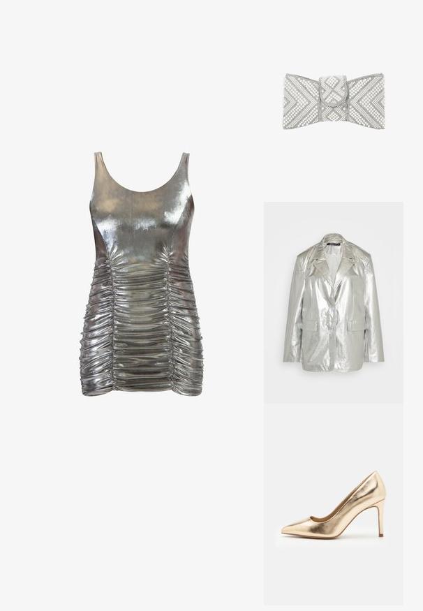 Gina Tricot OVERSIZED - Blazer - silver; Metalen zilveren mouwloze jurk met geplooide details aan de voor- en achterkant, een gladde textuur en een aansluitende, bodycon silhoeet.; Gouden metallic hoge hakpomp met een spitse neus en een gladde textuur. Beschikt over een gesloten hiel en een slanke, elegante stilettoontwerp.; Clutch tas versierd met witte parels en zilveren kraaltjes in geometrische chevron- en diamantpatronen, klepsluiting in het midden.