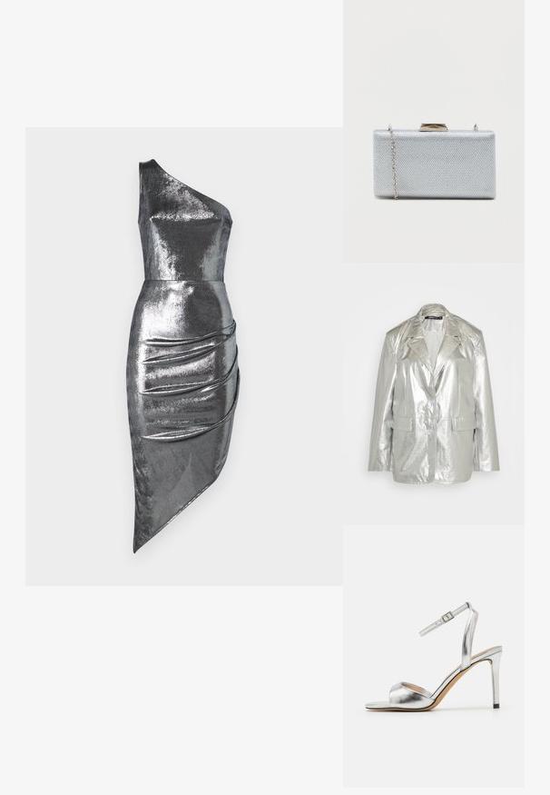 Gina Tricot OVERSIZED - Bleiser - silver; Ühe õla hõbedane metallikkleit, millel on istuv korpus ja ebatasane allserv, koos külje pealt kokku gathered üksikasjadega. Sile, läikiv tekstuur.; Hõbedased kõrged sandaalid avatud varba, metallilise tekstuuri ja reguleeritava pahkluuringiga. Omab kitsast stilettokontsa ja siledat sisetald.; Ruutjaline hõbedane koti, mis on valmistatud tekstureeritud metallkangast, varustatud klappkinnitus ja eemaldatava ketispideme kandmiseks.