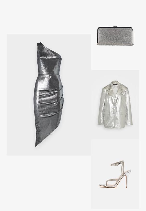 Gina Tricot OVERSIZED - Bleiser - silver; Ühe õla hõbedane metallikkleit, millel on istuv korpus ja ebatasane allserv, koos külje pealt kokku gathered üksikasjadega. Sile, läikiv tekstuur.; RAID RORY - Kõrge kontsaga sandaalid - silver; Ruutujas hõbedane käekotis, mis on kaetud väikeste teemandikujuliste kivikestega, musta ja hõbedase metallraami ning klambri sulgemisega.