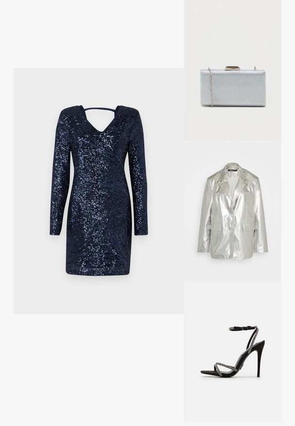 Gina Tricot OVERSIZED - Σακάκι - silver; Ναυτική φόρεμα με μακριά μανίκια, βαθύ V-λαιμό, καλυμμένο με λαμπερά παγιέτες που δημιουργούν μια υφή. Στενή γραμμή, μήκους γόνατου.; Μαύρη ψηλή σαγιονάρα με λεπτές, διακοσμημένες λωρίδες και κούμπωμα στον αστράγαλο. Σουέτ ύφασμα, ανοιχτή μύτη και κομψή, μυτερή σιλουέτα.; Ορθογώνιο ασημένιο τσαντάκι από υφασμάτινη μεταλλική υφή, με κλείσιμο τύπου κλειδώματος και αποσπώμενη αλυσίδα για μεταφορά.
