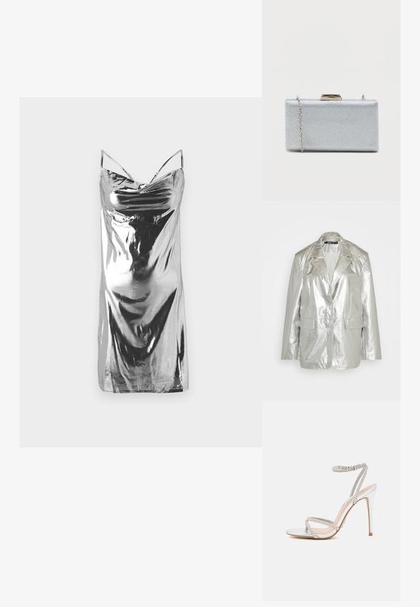 Gina Tricot OVERSIZED - Bleiser - silver; Hõbedane õlgadeta kleit, mis on valmistatud läikivast kangast. Omab õhukesi rihmu ja voolavat disaini, millel on sile tekstuur. Ilma mustrite või aktsentideta.; Hõbedased kõrged kontsad, millel on õhukesed rihmad, kaunistatud kristallidega, omades elegantset disaini ja teravat varvaste osa.; Ruutjaline hõbedane koti, mis on valmistatud tekstureeritud metallkangast, varustatud klappkinnitus ja eemaldatava ketispideme kandmiseks.