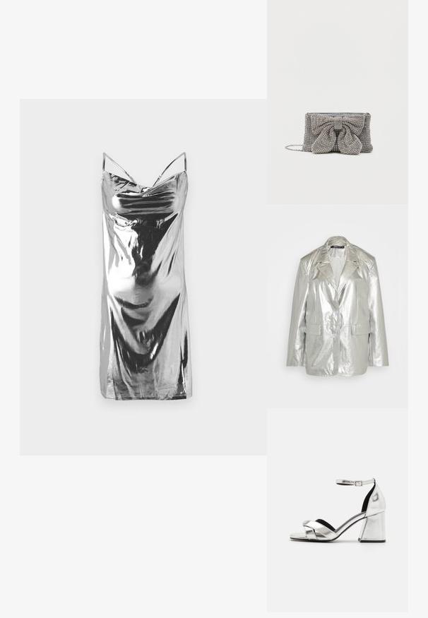 Gina Tricot OVERSIZED - Bleiseri - silver; Hopeapintainen liukumekko, joka on valmistettu kiiltävästä kankaasta. Sisältää ohuita olkaimia ja laskostetun muotoilun, jossa on sileä pinta. Ei kuvioita tai koristeita.; Hopeanikka metalliväriset korkokengät, joissa on ristikkäissangotus, nilkkasanka ja lohkarekorko. Sileä pinta mustalla sisävuorella.; Kimalteinen harmaa käsilaukku, jossa on teksturoitu pinta, ja suuri nauha-akseli edessä sekä ketjun olkahihna. Kompakti suorakulmainen muoto.