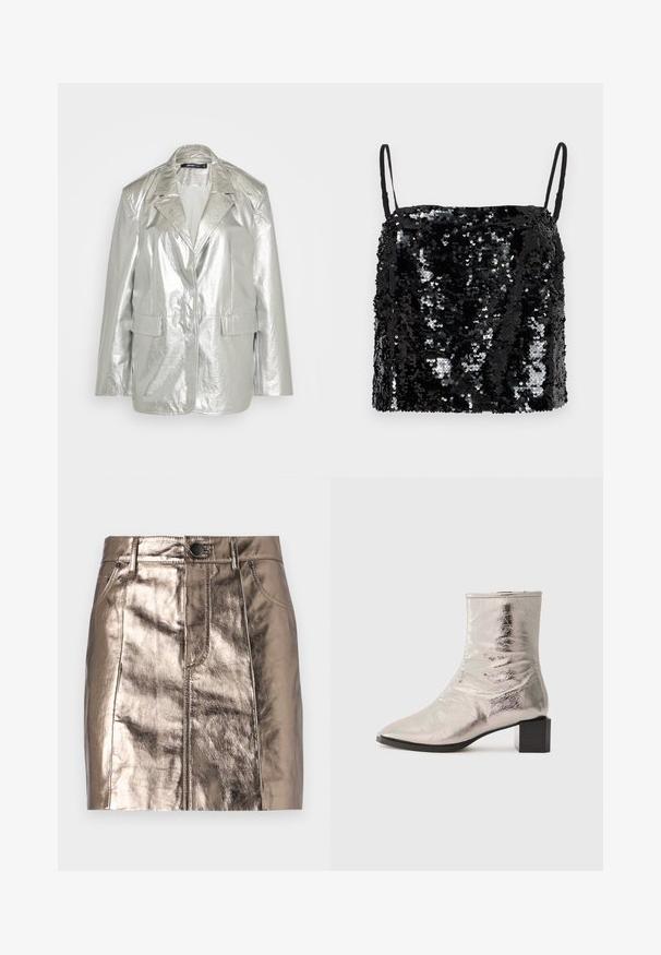 Gina Tricot OVERSIZED - Blazer - silver; Zwarte pailletten top met dunne verstelbare bandjes, voorzien van een vierkante halslijn en een gestructureerd oppervlak door overlappende pailletten.; Metaalachtige bronzen denim mini-jurk met een rechte snit, voorzakken en een tailleband met knoopsluiting. Glad en glanzend textuur.; Metalen zilveren enkelboot met een puntige neus en blokhak. Gladde textuur, slank ontwerp en minimalistische stikdetails.