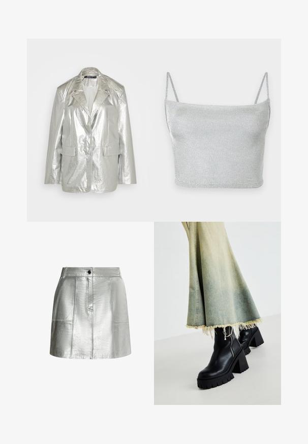 Gina Tricot OVERSIZED - Bleiser - silver; Hõbedane metallikvärvi kootud lühike top kitsaste reguleeritavate rihmadega. Lõige on keha järgnev ja pind on sile. Muster või metalldetailid puuduvad.; Metallist hõbedane seelik, millel on sile tekstuur, kehakujuline vöökoht ja paneeldetailid. Omab ees oleva nupu sulgemist ja puhtaid jooni.; Mustad musta nahast pahkluu saapad koos paksu tekstuuriga tallaga, kombineeritud pleekinud teksaseelikuga, millel on rebendite servad. Küljel on lukuga detail.