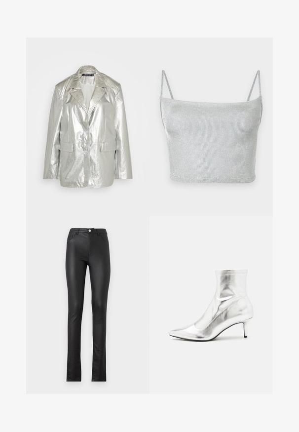 Gina Tricot OVERSIZED - Blazer - silver; Zilverkleurige metallic gebreide crop top met dunne verstelbare bandjes. Strak model en gladde textuur. Geen patronen of zichtbare hardware details.; Zwarte neplederen broek met een slim fit, voorzien van een knopsluiting aan de voorkant, twee voorkeepockets en een licht uitlopende zoom aan de onderkant.; Zilverkleurige metallic enkelboot met een spitse neus en een smalle hak. Beschikt over een strakke pasvorm en een gladde, glanzende textuur. Naadaccenten aan de bovenkant.