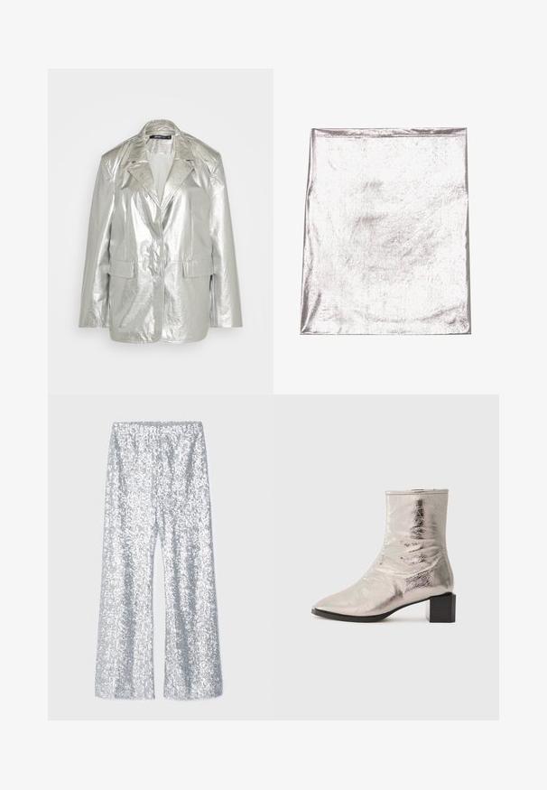 Gina Tricot OVERSIZED - Blazer - silver; Metaalachtig zilverkleurig stof met een gladde textuur en een lichte glans. Rechthoekige vorm, randen netjes gestikt, geen opvallende patronen of accenten.; Zilveren pailletten flared broek met een elastische tailleband. Bevat een glanzende textuur en een wijde pijpuitvoering.; Metalen zilveren enkelboot met een puntige neus en blokhak. Gladde textuur, slank ontwerp en minimalistische stikdetails.