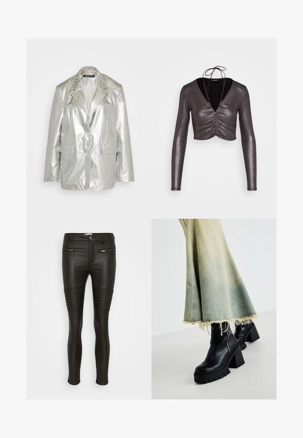 Gina Tricot OVERSIZED - Blazer - silver; Even&Odd by Zalando Longsleeve - black/silver; ONLY Petite ONLBINY NYA ZIP - Broek - black; Zwarte leren enkelboots met een chunky, textuurgegeven zool, gecombineerd met een vervaagde denimrok met rafelige randen. Ritsdetail aan de zijkant.