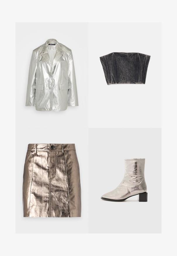 Gina Tricot OVERSIZED - Blazer - silver; Bustier en denim noir au design structuré, avec des coutures verticales et une forme ajustée et courte. Surface texturée avec un léger dégradé.; Mini jupe en denim bronze métallisé avec une coupe droite, poches avant et une taille avec fermeture à bouton. Texture lisse et brillante.; Bottine argent métallique avec un bout pointu et un talon bloc. Texture lisse, design épuré et détails de couture minimalistes.