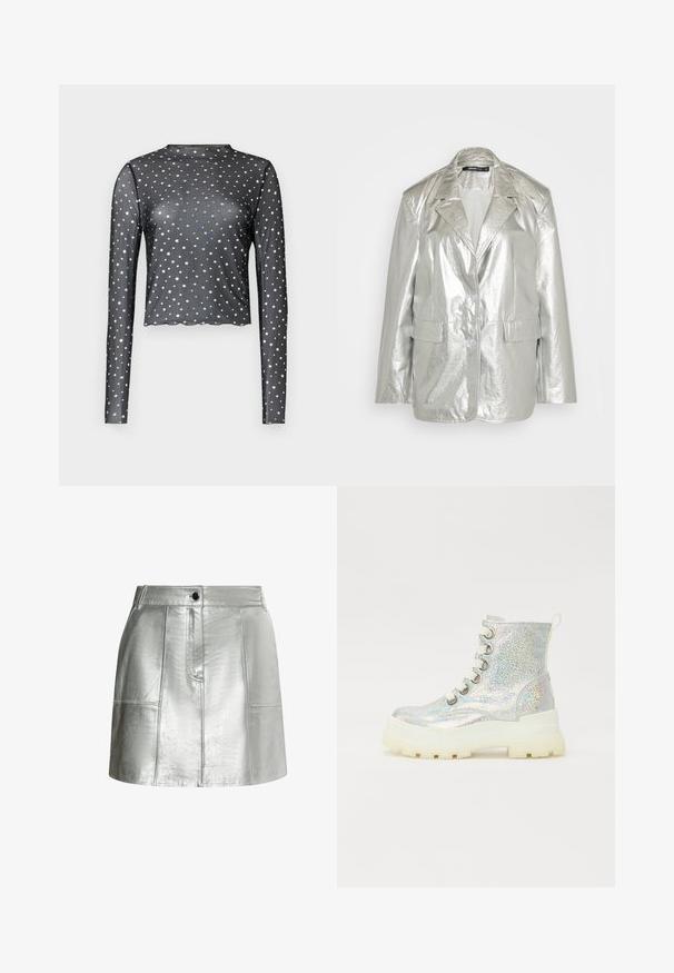 Gina Tricot OVERSIZED - Bleiseri - silver; Musta pitkähihaine paita, joka on valmistettu läpikuultavasta kankaasta. Siinä on aallotettu helma ja hopeanvärisiä tähtikuvioita ympäriinsä. Muotoon kiinnittyvä malli.; Metallinen hopeinen hame, jossa on sileä rakenne, istuva vyötärö ja paneelitiedot. Varustettu edessä napituksella ja siisteillä linjoilla.; Hopeat glitter-kengät nilkkamittaisella varrella paksulla valkoisella pohjalla, joissa on pyöreät nauhat ja vetoluukku takana. Sileä, heijastava pintatekstuuri.