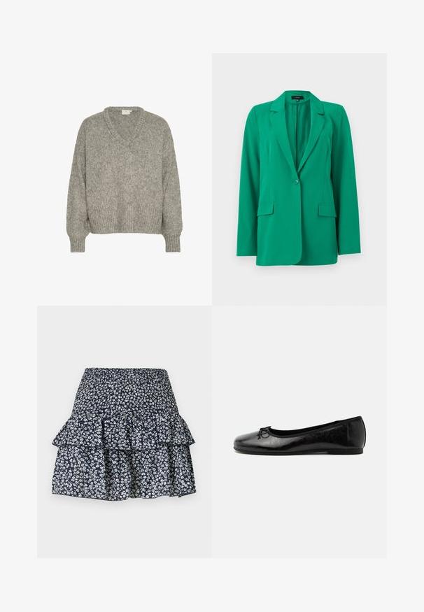 Blazer vert à un bouton avec revers crantés, manches longues et poches à rabat sur le devant, sur fond blanc.; Pull en maille gris clair avec un col en V, coupe décontractée, poignets et ourlet côtelés. Fabriqué à partir d'un tissu texturé avec une apparence douce.; Jupe à volants bleu marine avec motif floral blanc et taille élastique froncée.; Ballerine en cuir noir brillant avec petit talon et petit nœud décoratif sur l'avant, vue de côté sur fond clair uni.