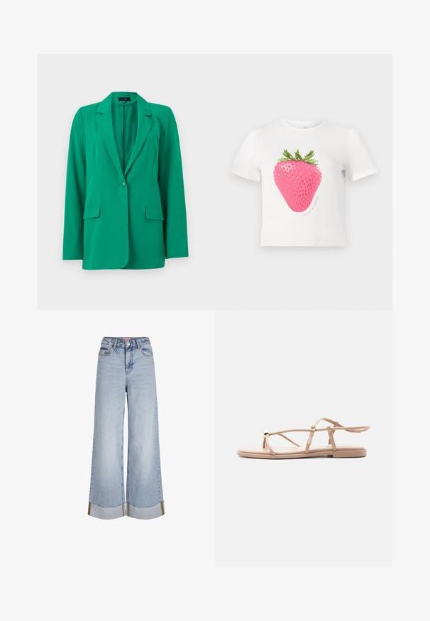 Grüner Ein-Knopf-Blazer mit fallendem Revers, langen Ärmeln und vorderen Klappentaschen auf weißem Hintergrund.; Weißes Baumwoll-T-Shirt mit einem großen pinkfarbenen Erdbeere-Design und grünen Blättern, begleitet von dem Text "WACHSEN & GLÄNZEN" in einem kreisförmigen Design.; Helles Blau weite Jeans mit hoher Taille, fransigen Säumen und kontrastierenden Nähdetails, aus Denim-Stoff gefertigt.; Beige flache Sandale mit dünnen Riemen, Knöchelriemen und dekorativem goldfarbenem Akzent an der Zehenschlaufe, auf weißem Hintergrund dargestellt.
