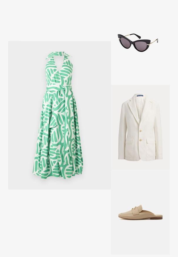 Hvid enkeltbrystet blazer med notch revers, to forlommer med klap, to beige knapper og et Polo by Ralph Lauren mærke på kraven.; Grøn og hvid halterneckkjole med en indviklet design, tætsiddende overdel og lang nederdel med bladmønster og bælte i taljen.; Beige slip-on flade loafers med rundet tå, tekstureret finish, bred rem og guldfarvet rund spænde på hvid baggrund.; Sorte katteøje-solbriller med mørke glas og tynde gyldne metalstel, let vinklet mod højre på hvid baggrund.