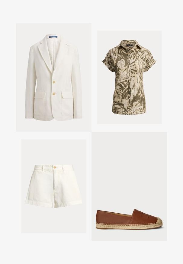 Weißer einreihiger Blazer mit Reverskragen, zwei vorderen Klappentaschen, zwei beigen Knöpfen und einem Polo von Ralph Lauren Etikett am Kragen.; Damen-Hemd mit kurzen Ärmeln, Knopfleiste, Kragen und abstraktem Muster aus olivgrünen und beigen Blättern.; Weiße Baumwollshorts mit lockerem Schnitt, ausgestattet mit einem Knopfverschluss, geradem Bein und umgeschlagenem Saum. Schlichtes Design ohne Muster oder Akzente.; Braune Leder-Espadrille mit flachem Schuh, gewobener Jutesohle, runder Zehenpartie und geprägten Details im Obermaterial. Glatte Textur mit stimmigem Design.