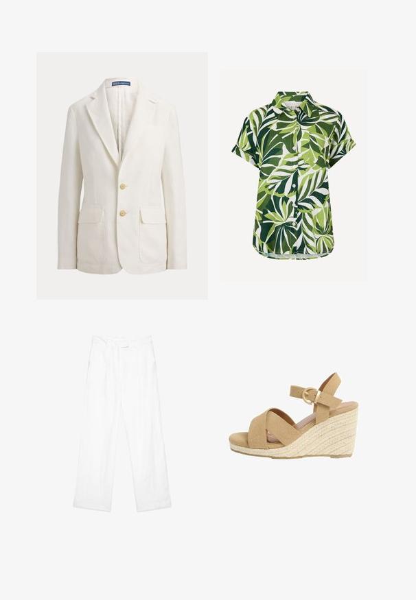 Blazer blanco de un solo botón con solapas con muesca, dos bolsillos delanteros con solapa, dos botones beige y una etiqueta Polo by Ralph Lauren en el cuello.; Camisa de manga corta con botones, con estampado de hojas tropicales verdes y blancas y un bolsillo en el pecho, mostrada sobre fondo blanco.; Pantalones de lino blancos con un ajuste holgado, que presentan un diseño de pierna recta, bolsillos frontales y una cintura plana. Textura suave en todo el tejido.; Sandalia cuña de ante beige con tiras cruzadas en la parte delantera, correa en el tobillo, hebilla dorada y detalles de cuerda trenzada en el tacón.