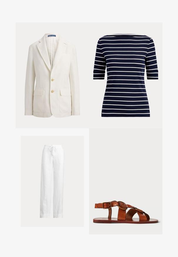 Hvid enkeltbrystet blazer med notch revers, to forlommer med klap, to beige knapper og et Polo by Ralph Lauren mærke på kraven.; Marineblå skjorte med hvide vandrette striber og albuelange ærmer, vist på en ensfarvet lys baggrund.; Hvide linnedbukser med snoretræk i taljen, vidde ben, to forlommer og en glat tekstur. Flad kant ved anklen.; Brune lædersandal med horisontale og cirkulære remdesign, flad sål og en metalspændeaccent, der viser en glat tekstur.