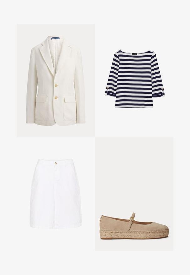 Blazer blanc à simple boutonnage avec revers crantés, deux poches avant à rabat, deux boutons beiges et une étiquette Polo by Ralph Lauren sur le col.; Haut rayé bleu marine et blanc à manches longues avec un col bateau et des accents de boutons dorés sur les manches retroussées. Tissu doux, coupe décontractée.; Jupe en denim blanc en coton avec une fermeture à boutons sur le devant, des poches latérales et une silhouette droite, présentant une finition texturée subtile.; Chaussure plate Mary Jane en daim beige avec une semelle plateforme en jute tissée et une petite boucle dorée sur la bride.