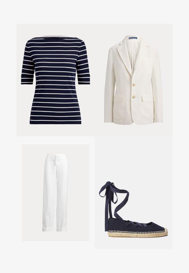 Weißer einreihiger Blazer mit Reverskragen, zwei vorderen Klappentaschen, zwei beigen Knöpfen und einem Polo von Ralph Lauren Etikett am Kragen.; Marineblaues Hemd mit weißen horizontalen Streifen und Ellbogen langen Ärmeln, gezeigt vor einem einfachen hellen Hintergrund.; Weiße Leinenhose mit Kordelzug an der Taille, weitem Bein und zwei Seitentaschen. Glatte Textur mit leichtem, luftigem Erscheinungsbild.; Marineblaue Canvas-Espadrilles mit runder Zehenpartie, Jutesohle und Stoffbändern zum Verschließen. Mit gewebten Details entlang des Sohlenrands.