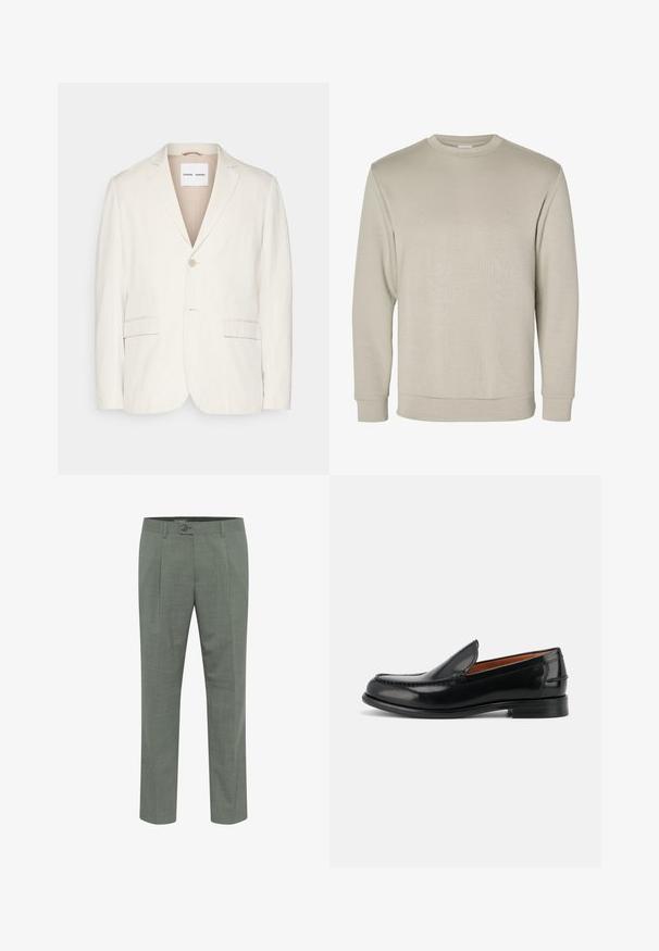 Hellbeige Leinenblazer mit einem einzelnen Knopfverschluss, Reverskragen, zwei Fronttaschen und taillierter Passform. Weiche Textur mit minimalistischem Design.; Beiger Sweatshirt mit langen Ärmeln und Rundhalsausschnitt, mit gerippten Bündchen und Saum, auf weißem Hintergrund dargestellt.; Maßgeschneiderte grüne Hosen mit strukturierter Oberfläche, ausgestattet mit einem einzelnen Knopfverschluss und einem gefältelten Vorderdesign. Gerader Beinabschluss.; Schwarzer polierter Leder-Slipper mit niedrigem Absatz und gesteppten Details entlang der Spitze und Seiten, aus der Seitenansicht.