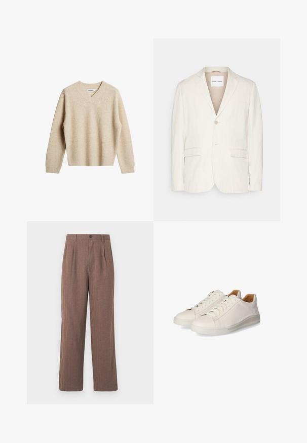Lichtbeige linnen blazer met een enkele knoopsluiting, notch-kraag, twee voorzakken en een getailleerde pasvorm. Zachte textuur met een minimalistisch ontwerp.; Beige, geribbelde trui met V-hals en lange mouwen. Heeft een ontspannen pasvorm en een gestructureerde stof voor extra warmte en comfort.; Bruine, wijde broek gemaakt van gestructureerde stof, met plooien en een knoopsluiting in de taille. Gemaakt met een op maat gesneden ontwerp met strakke lijnen.; Witte leren sneakers met een gladde textuur, met een lage ontwerp, ronde neus en traditionele vetersluiting.