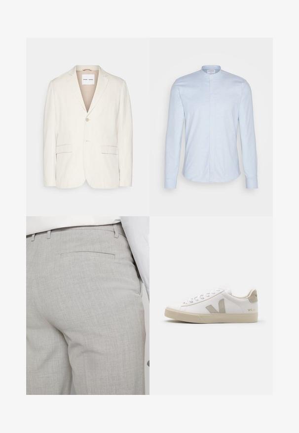 Blazer de lino beige claro con cierre de un solo botón, solapas de muesca, dos bolsillos frontales y un corte entallado. Textura suave con diseño minimalista.; Camisa de manga larga azul claro con cuello mao, que cuenta con cierre de botones y una suave tela texturizada. Corte entallado con dobladillo redondeado.; Pantalones grises claros a medida hechos de tela texturizada, con un solo bolsillo trasero y costuras limpias.; Zapatillas blancas de cuero con acentos en beige, suela plana de goma, puntera redonda y logotipo contrastante en el lado y la parte trasera. Diseño con cordones.