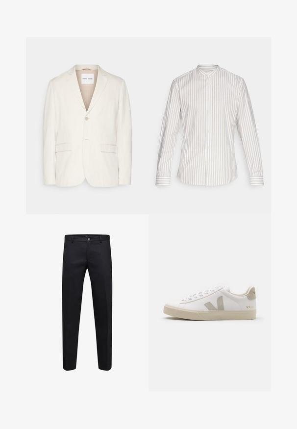 Lichtbeige linnen blazer met een enkele knoopsluiting, notch-kraag, twee voorzakken en een getailleerde pasvorm. Zachte textuur met een minimalistisch ontwerp.; Hemd met lange mouwen in een lichte beige en witte verticale gestreepte patroon. Beschikt over een staande kraag en een knoopsluiting met bijpassende manchetten.; Zwarte formele broek met knoop- en ritssluiting, rechte snit en riemlussen, getoond op een witte achtergrond.; Witte leren sneaker met beige accenten, platte rubberen zool, ronde neus en contrasterend logo aan de zijkant en achterkant. Vetersluiting.