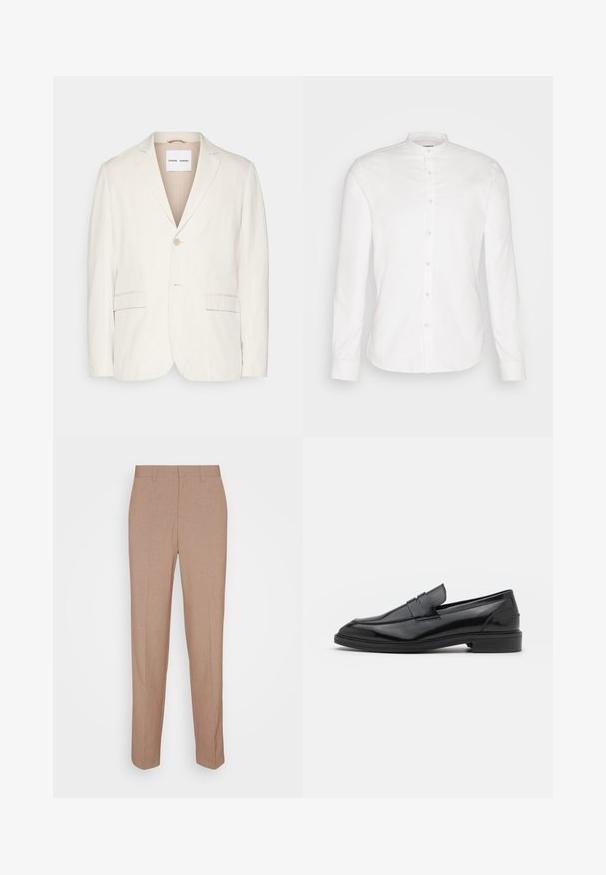 Lys beige linned blazer med enkel knappelukning, skrå lapeller, to forlommer og en skræddersyet pasform. Blødt tekstur med minimalistisk design.; Hvid, langærmet skjorte med kinesisk krave og frontlukning. Lavet af bomuld, med en glat tekstur og knaplukninger.; Beige skræddersyede bukser i en glat, struktureret stof. Straight fit med en linning og uden synlige pyntedetaljer eller lommer.; Sorte læder loafers med en glat overflade, der har en rund tå og en smal bånd over det øverste. Lav stablet hæl.