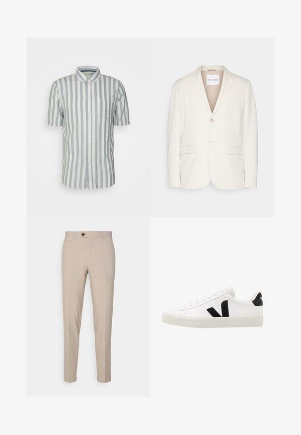 Light beige linen blazer with a single button closure, notch lapels, two front pockets, and a tailored fit. Soft texture with minimalist design.; Short-sleeve button-up shirt in light blue and white vertical stripes, cotton fabric, single chest pocket, classic collar, and rounded hem.; Beige tailored trousers with a flat front, a single welt pocket, and a button closure. Smooth texture and slim fit design.; White leather sneaker with black suede accents; features a rubber sole, round toe, and classic lace-up design. Side logo in black.