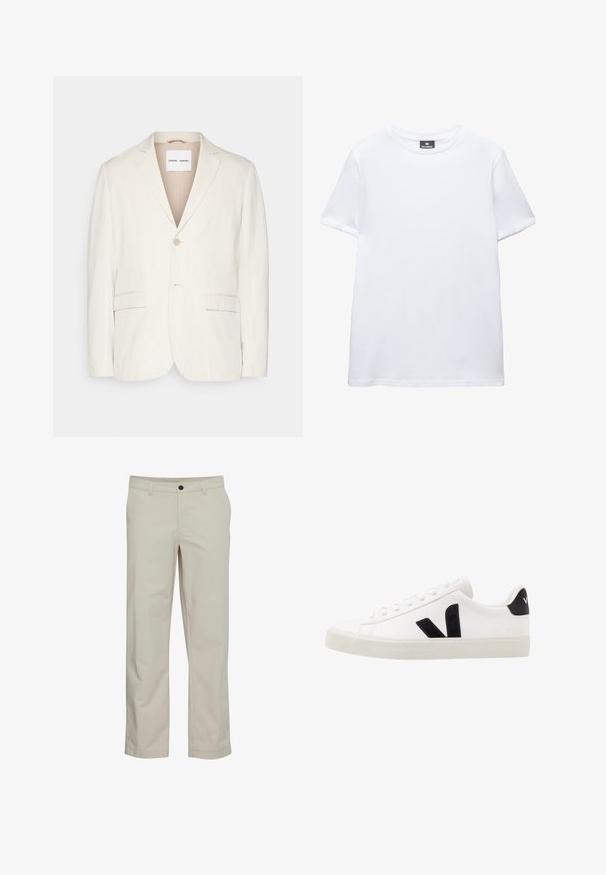Lys beige linned blazer med enkel knappelukning, skrå lapeller, to forlommer og en skræddersyet pasform. Blødt tekstur med minimalistisk design.; Almindelig hvid kortærmet bomuld T-shirt med rund halsudskæring og sort Pull&Bear mærke inden i kraven.; Beige bomuldsbukser med lige ben, frontlommer og enkelt knaplukning. Glat tekstur og minimale syningsdetaljer.; Hvide lædersneakers med sorte ruskindsdetaljer; har en gummisål, rund tå og klassisk snørebåndsdesign. Side logo i sort.