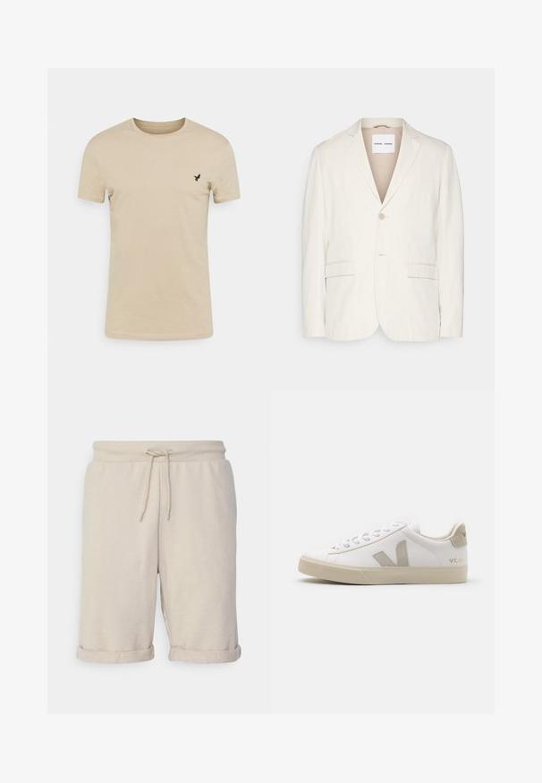 Lys beige linned blazer med enkel knappelukning, skrå lapeller, to forlommer og en skræddersyet pasform. Blødt tekstur med minimalistisk design.; Beige kortærmet T-shirt lavet af blødt stof, med rund halsudskæring og et lille sort fugle-logo på venstre brystområde.; Beige bomulds-shorts med snor i taljen, opbundne bukseben og en blød tekstur. Simpelt design uden synlige mønstre eller hardware.; Hvide lædersneakers med beige detaljer, flad gummisål, rund tå og kontrasterende logo på siden og bagsiden. Snørebåndsdesign.