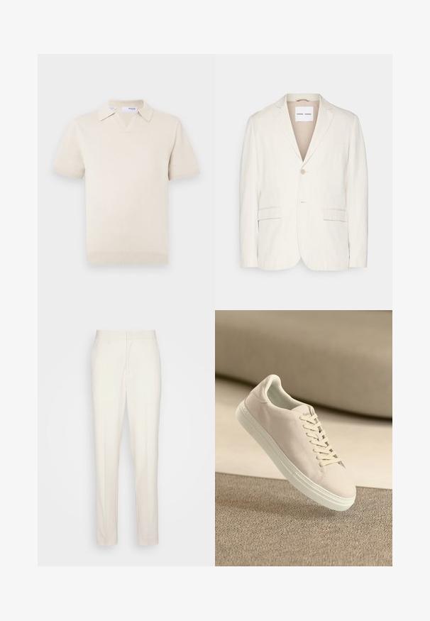 Lichtbeige linnen blazer met een enkele knoopsluiting, notch-kraag, twee voorzakken en een getailleerde pasvorm. Zachte textuur met een minimalistisch ontwerp.; Roomkleurige korte mouw gebreide polo met een V-hals en kraagontwerp. Heeft geribbelde boorden en zoom, gladde textuur.; Crème-kleurige op maat gemaakte broeken met een rechte snit, gemaakt van textuurstof. Voorzien van riemlussen en een ritssluiting aan de voorkant.; Beige suède sneaker met een witte zool en veters, zwevend boven een gestructureerd beige tapijt tegen een zachte beige achtergrond.
