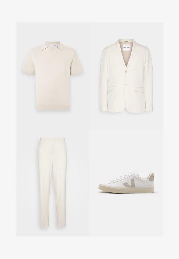 Helebeige linna bleiser ühe nööbiga, klopitud krae, kaks esist taskut ja kohandatud lõige. Pehme tekstuur ja minimalistlik disain.; Kreemika värvi lühikeste varrukatega kootud polo V-kaelusega ja kraega. Omadused: soonikust varrukaotsad ja ääred, sile tekstuur.; Kreemikooreline kohandatud pükste paar, millel on sirge lõige ja mis on valmistatud tekstuursusest kangast. Omab vöökinnitusi ja lukuotsa ees.; Valge nahkne tenniseteostus beežide aktsentidega, tasane kummist tald, ümar varvas ja kontrastne logo küljel ja taga. Sidumisdisain.