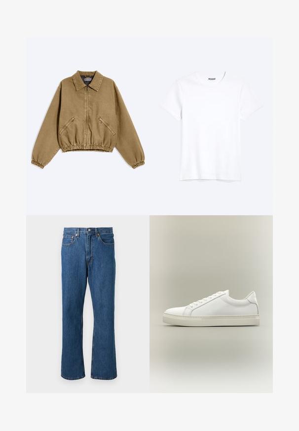 Chaqueta marrón con cremallera, cuello, puños elásticos, cintura elástica y dos bolsillos diagonales con cremallera en el frente.; Camiseta blanca lisa de cuello redondo y manga corta con una etiqueta visible de la marca WEEKDAY en el cuello, mostrada sobre un fondo claro.; Vaqueros azules de corte recto con botón y cremallera delanteros, cinco bolsillos y detalles de costuras naranjas sobre un fondo liso.; Zapatilla blanca de perfil bajo con cordones en la parte delantera y suela gruesa, mostrada de lado sobre un fondo neutro.