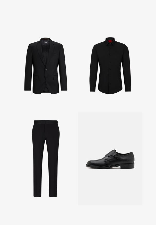 Blazer noir en tissu lisse, avec une fermeture à deux boutons, des revers en notch et deux poches avant. L'intérieur a une doublure à motif subtil.; Chemise noire à manches longues avec un devant boutonné, col classique et ourlet arrondi ; comporte des boutons noirs et un logo rouge à l'intérieur du col.; BOSS H GENIUS TUX 231 - Pantalon de costume - black; Chaussure habillée en cuir noir avec double boucle, silhouette élégante et bout rond. Dispose d'un petit talon et d'une texture lisse.
