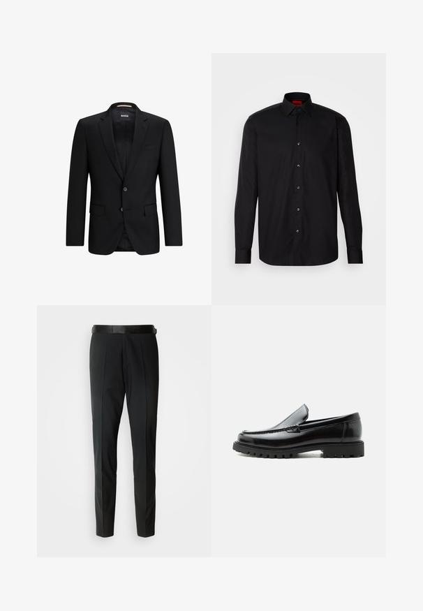 Blazer negro de tejido suave, con cierre de dos botones, solapas de muesca y dos bolsillos frontales. El interior tiene un forro con un patrón sutil.; Camisa negra de manga larga hecha de una tela suave, con un cuello clásico con tapa, cierre frontal de botones y un ajuste entallado.; Pantalones negros ajustados con una textura suave, que cuentan con un frente plano, sutiles pliegues y un delgado cinturón negro.; Mocasín de cuero negro con suela de goma gruesa, empeine cosido y nombre de la marca en relieve en el talón, mostrado en perfil lateral sobre fondo blanco.