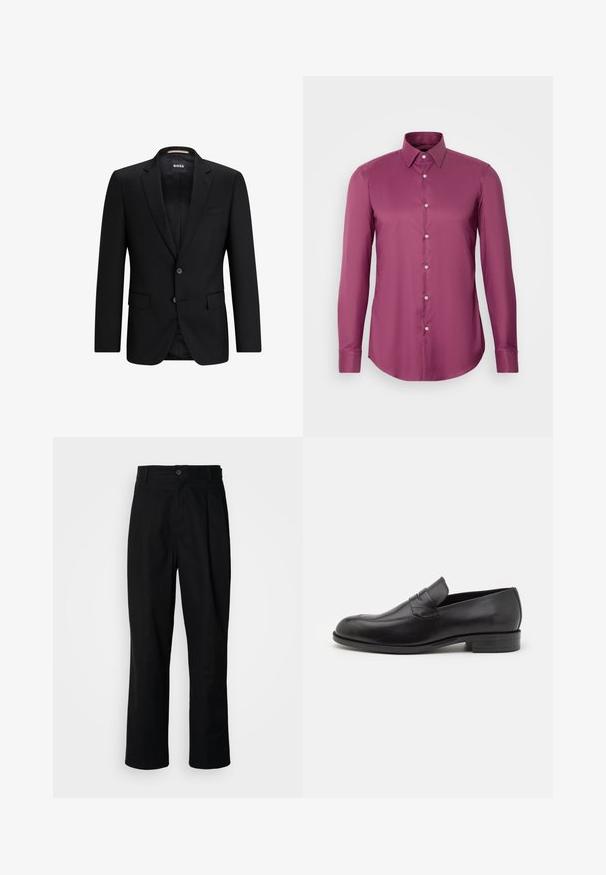 Blazer noir en tissu lisse, avec une fermeture à deux boutons, des revers en notch et deux poches avant. L'intérieur a une doublure à motif subtil.; BOSS HANK KENT - Chemise classique - dark pink; Pantalons noirs à jambes droites avec une taille à bouton, passants de ceinture et pli avant, présentés sur un fond blanc uni.; Mocassins en cuir noir avec un bout arrondi et de subtils détails de couture. Texture lisse et talon bas avec une marque à l'arrière.
