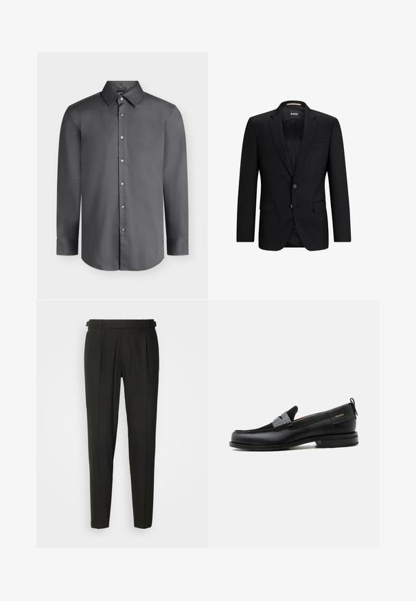 Blazer negro de tejido suave, con cierre de dos botones, solapas de muesca y dos bolsillos frontales. El interior tiene un forro con un patrón sutil.; Camisa de vestir para hombre de manga larga en gris oscuro con cuello puntiagudo y botones delanteros, mostrada sobre un fondo gris claro.; Pantalones negros ajustados con frontales lisos, dos pliegues, trabillas para cinturón y diseño de pierna recta. Fabricados con una tela suave y ligera.; Mocasín de cuero negro con detalle de tira gris, tacón bajo y suela texturizada, con la marca "HUGO" en oro en el lateral.