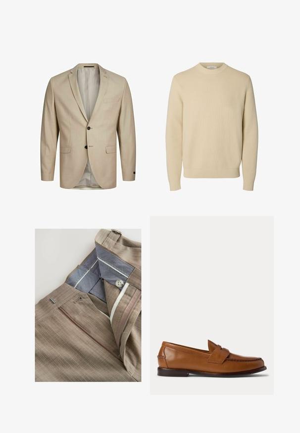 Beige Blazer aus strukturiertem Stoff, mit einreihigem Design, Reverskragen, zwei Knöpfen und einer einzigen Brusttasche. Gefüttertes Innenfutter.; Schlichter beiger Rundhals-Strickpullover mit langen Ärmeln und gerippten Bündchen und Saum.; Braun gestreifte Hose mit einer Reißverschlusstasche, blauer Innenausstattung und weißen Nähdetails. Sie verfügt über einen klassischen Schnitt und Gürtelschlaufen.; Brauner Leder-Penny-Loafer mit niedrigem Absatz und gesteppten Details an Vorder- und Seitenpartien, seitlich auf weißem Hintergrund dargestellt.