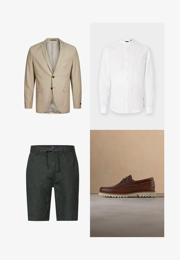 Beige Blazer aus strukturiertem Stoff, mit einreihigem Design, Reverskragen, zwei Knöpfen und einer einzigen Brusttasche. Gefüttertes Innenfutter.; Weißes Langarmhemd mit Stehkragen, Knopfleiste und einem strukturierten Stoff. Es hat einen geraden Schnitt und Knopfmanschetten.; Dunkelgrüne Leinen-Shorts mit einem Kordelzugbund. Verfügt über seitliche Taschen und einen geraden Schnitt. Glatte Textur mit subtiler sheen.; Brauner Leder-Schnürschuh im Casual-Stil mit cremefarbener Gummisohle, schwebend über einem beigen Teppich in der Nähe eines Holzcouchtischs mit Büchern.