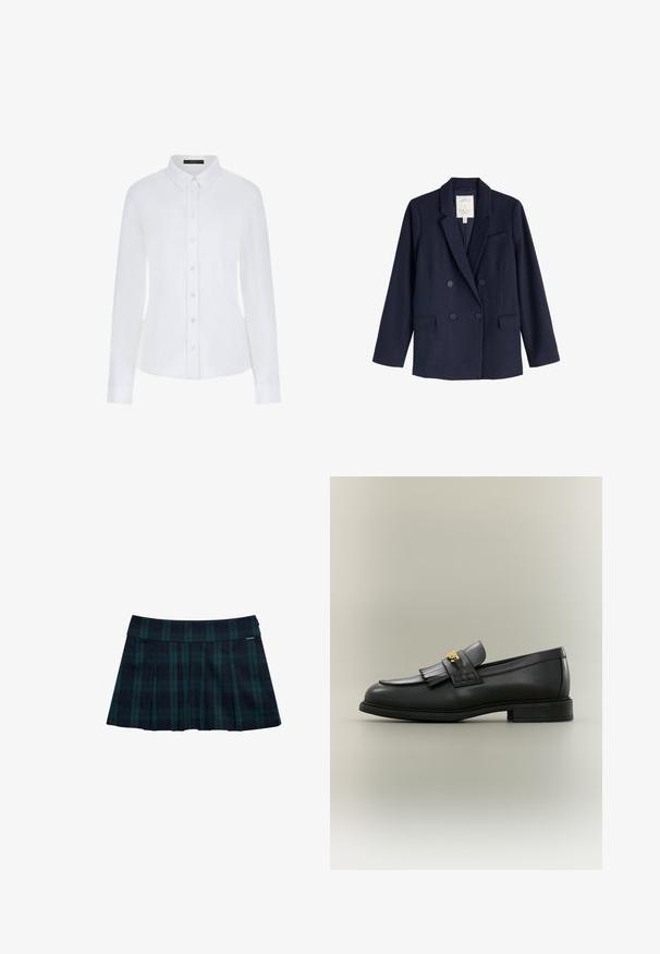 Donkerblauwe dubbelgeknoopte blazer met notch revers, twee voorflapzakken en een borstzak met bies, gelabeld Seasalt Cornwall.; Witte lange mouwen shirt met een kraag, knoopsluiting aan de voorkant en manchetten. Gemaakt van soepel materiaal met een getailleerd ontwerp en zonder zichtbare patronen.; Geruite geplooide rok in donkergroen en marineblauw met een gladde tailleband en logodetail. Heeft een klassiek, gelaagd plooidesign.; Zwarte leren loafer met franjes en gouden embleem op een neutrale achtergrond, zijaanzicht.