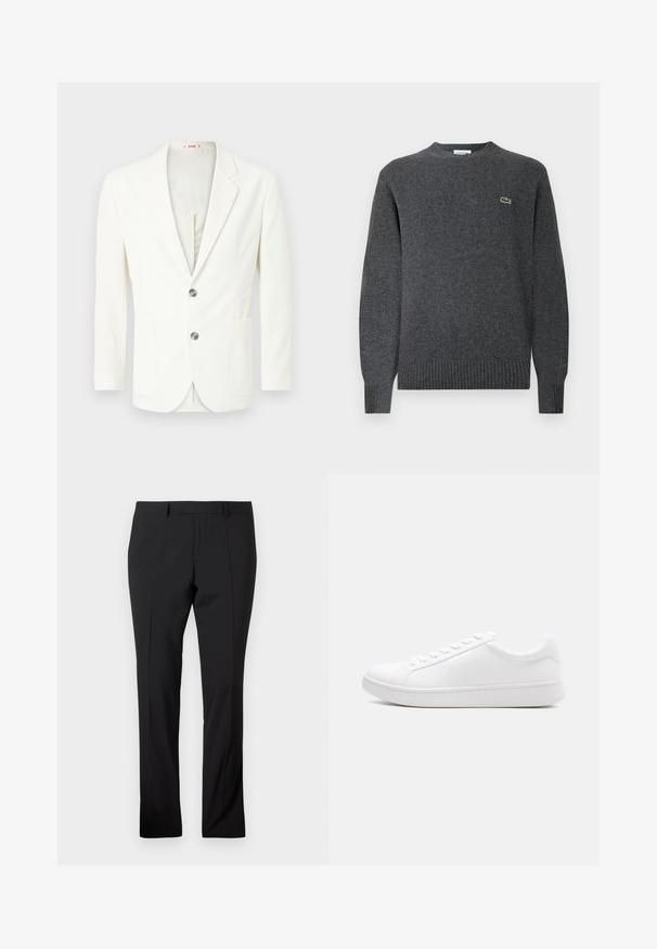 Weißer, strukturierter Blazer mit schlanker Passform, ausgestattet mit zwei Knöpfen, einer Tasche auf der linken Seite und einem glatten Innenfutter.; Grauer Strickpullover mit rundem Halsausschnitt, gerippten Bündchen und Saum. Auf der Brust befindet sich ein kleines grünes Lacoste-Logo. Weiche Textur.; Schwarze maßgeschneiderte Hose mit Gürtelschlaufen, vorderer Bügelfalte und geradem Beinaufschnitt auf einem schlichten weißen Hintergrund.; Weißer Low-Top-Sneaker mit Schnürverschluss, glattem Lederobermaterial und dicker Gummisohle, seitlich auf einem einfarbigen Hintergrund abgebildet.