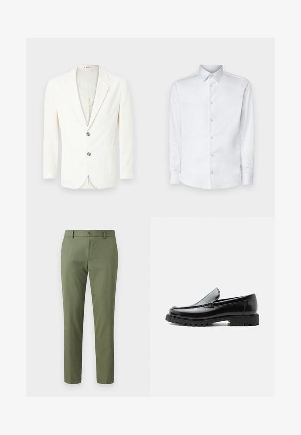 Hvid, tekstureret blazer med slim fit, der har to knapper, en lomme på venstre side og en glat inderside.; Hvid langærmet skjorte lavet af glat stof, med en klassisk krave, knaplukning og manchetter med knapper, vist på en ensfarvet baggrund.; Grønne bukser lavet af struktureret stof, med slim fit, lige ben og knaplukning foran. Velegnede til afslappet eller formelt brug.; Sort læderloafer med chunky gummisål, syet overdel og præget mærkenavn på hælen, vist i sideprofil på hvid baggrund.