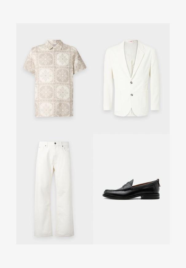 Hvid, tekstureret blazer med slim fit, der har to knapper, en lomme på venstre side og en glat inderside.; Kortærmet skjorte med knapper i beige med et gentaget blomsterdesign. Fremstillet af et let stof med et naturligt, struktureret udseende.; Hvide flared jeans lavet af denim, med en standard talje, forlommer og knaplukning. Struktureret stof med en ren finish.; Sort læder herre loafer med moc-tå syning, penny strop, struktureret krave og lav stablet hæl på hvid baggrund.
