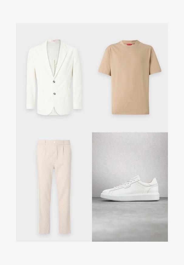 Blazer blanco texturizado de corte ajustado, con dos botones, un bolsillo en la parte izquierda y un forro interior suave.; Camiseta de algodón beige con mangas cortas, escote redondo y sutil logo "HUGO" en el centro. Textura suave, corte relajado.; Pantalones beige con un diseño sutil de hojas, bien confeccionados, con cierre de botones y bolsillos laterales. Textura de tela suave.; Zapatilla de cuero blanca con punta redonda, cierre de cordones plano y suela de goma gris. Presenta costuras sutiles y un acento de logo.