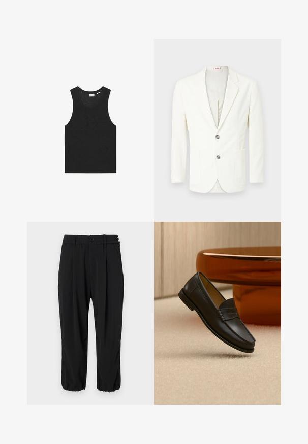 Hvid, tekstureret blazer med slim fit, der har to knapper, en lomme på venstre side og en glat inderside.; Sort tanktop med et tekstureret mønster, uden ærmer og rund halsudskæring. Fremstillet af let strikmateriale.; Sorte cropped bukser med elastisk talje med knap, sidelommer og en afslappet pasform med manchetter ved anklerne.; Sort læder loafer-sko hængende over beige tæppe med ravfarvet moderne møblement i baggrunden.